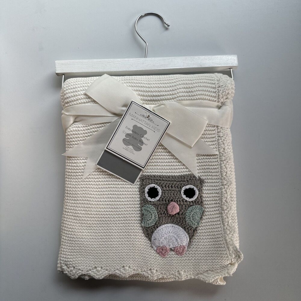 MANHATTAN KIDS Owl Blanket BABY NEW Cotton Embroidery Cream & Gray NWT